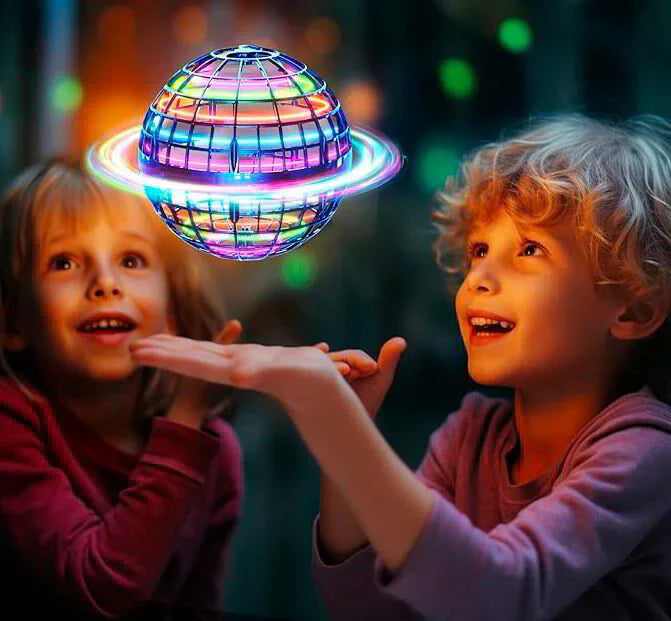 Naivah Magic Flying Ball hovering between two kids, RGB lights glowing