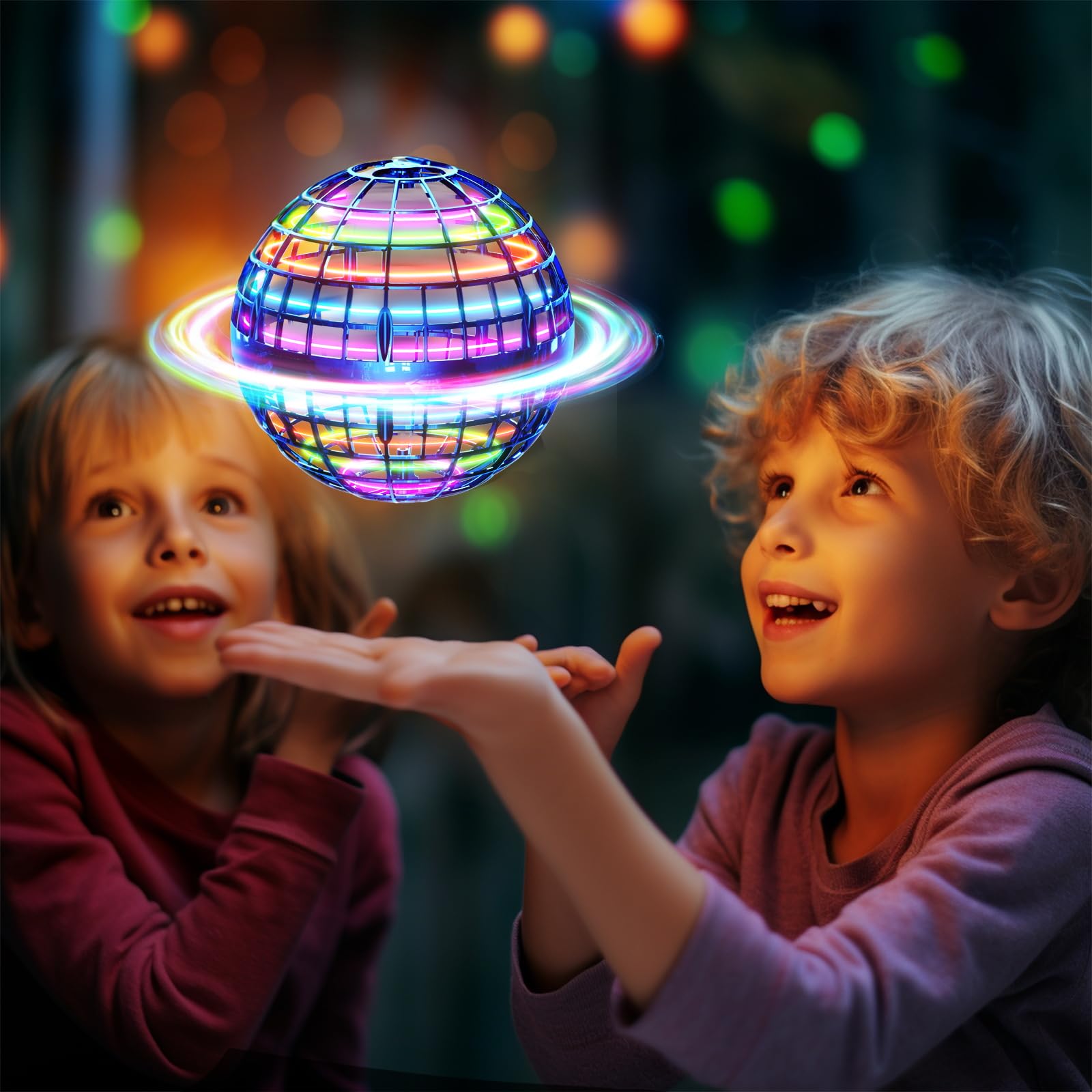 Two kids playing with the Naivah Magic Flying Ball indoors